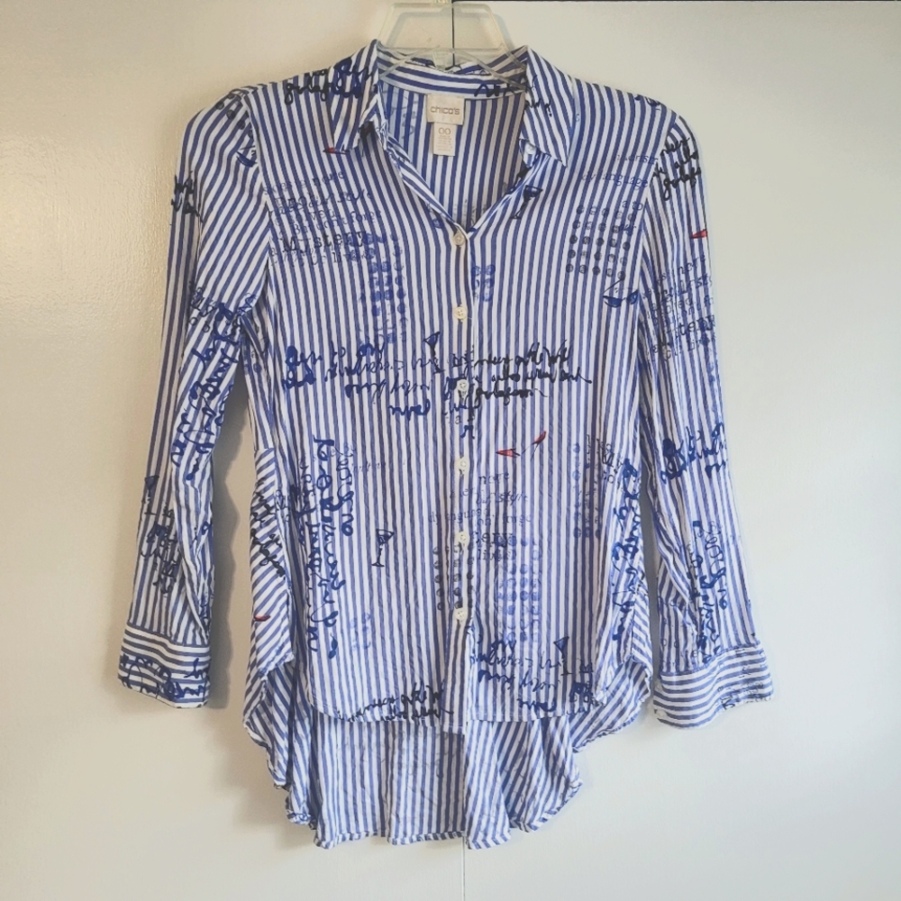 Chico's Striped Blouse Size 00 (XS)  Button-up Long Sleeve Top Blue &White